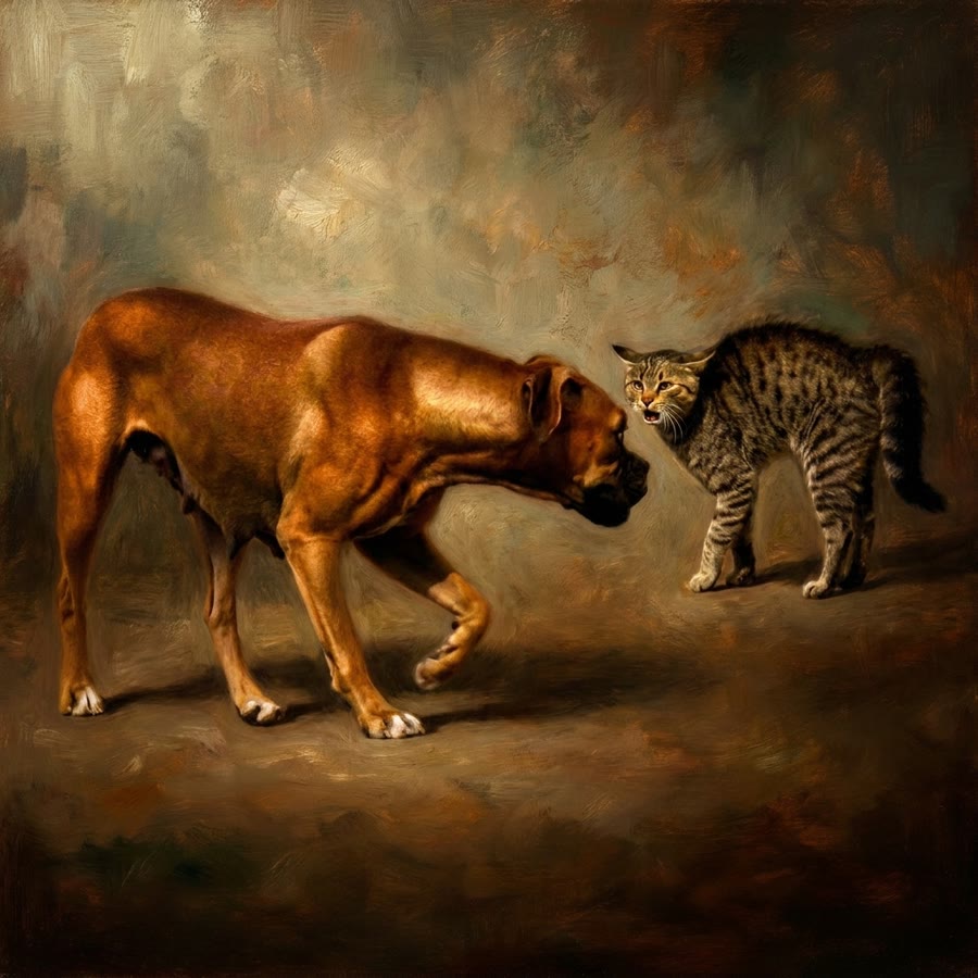 A Living Painting of an Dog meets cat